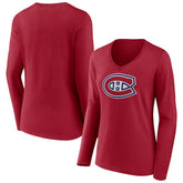 Montreal Canadiens Women's Primary Logo Long Sleeve V-Neck T-Shirt - Red - NHL 202545507