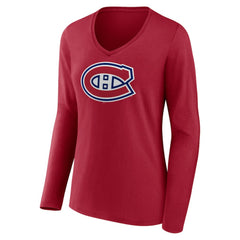 Montreal Canadiens Women's Primary Logo Long Sleeve V-Neck T-Shirt - Red - NHL 202545507