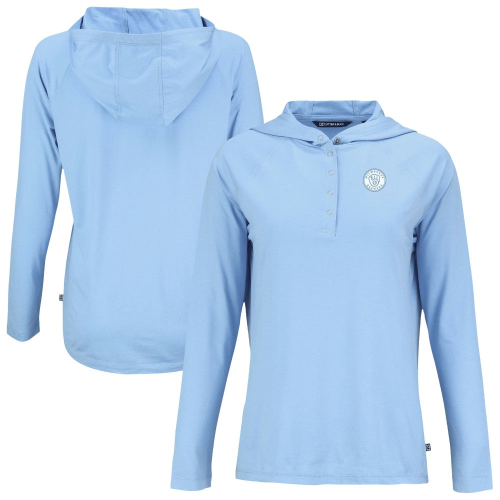 Milwaukee Brewers Cutter & Buck Women's Coastline Epic Comfort Eco Recycled Long Sleeve Hoodie T-Shirt - Powder Blue - MLB Sale