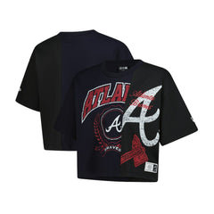 Atlanta Braves New Era Women's Upcycled Colorblocked Boxy Cropped T-Shirt - Navy - New Era on Sale