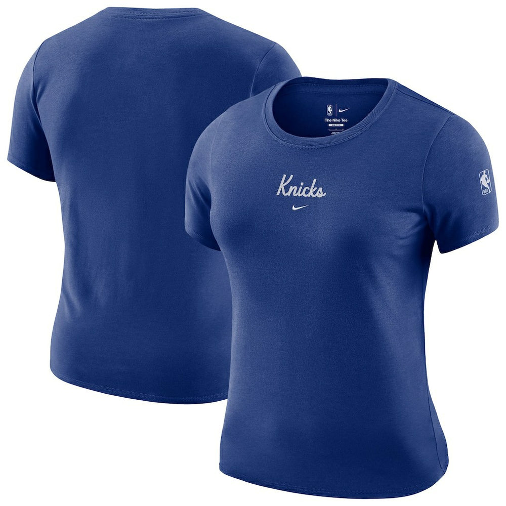 New York Knicks Women's Courtside Modest Cropped Tri-Blend T-Shirt Blue | Nike discount