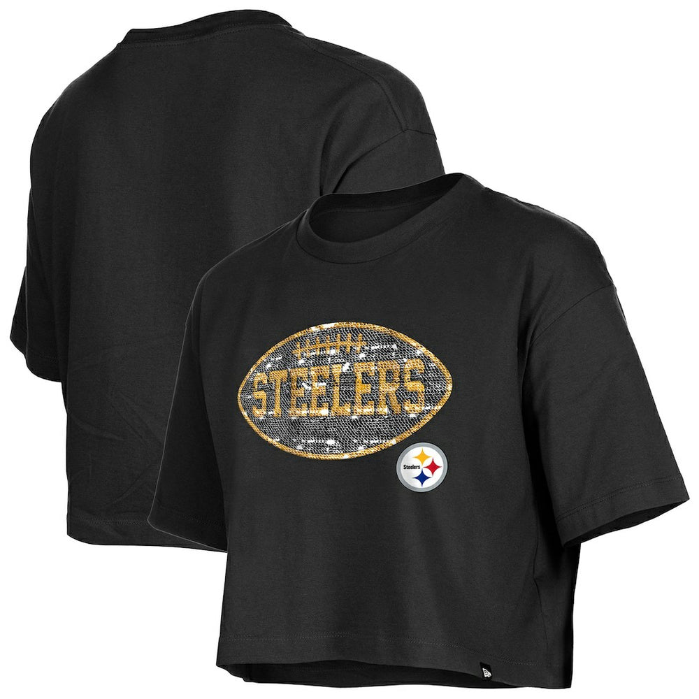 Pittsburgh Steelers New Era Girl's Flip Sequin Boxy T-Shirt Black