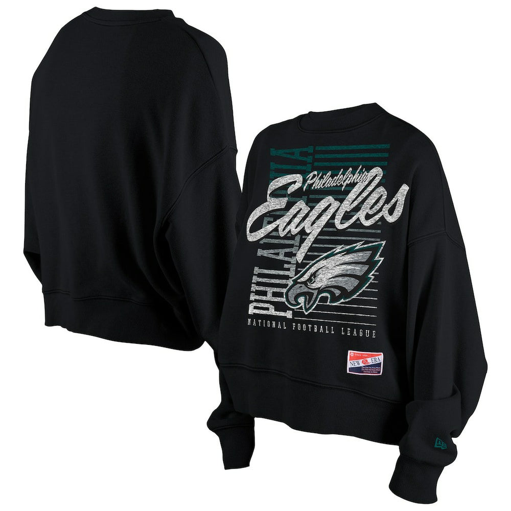 Philadelphia Eagles New Era Women's Oversized Throwback Mineral Wash Crew Neck Sweatshirt Black