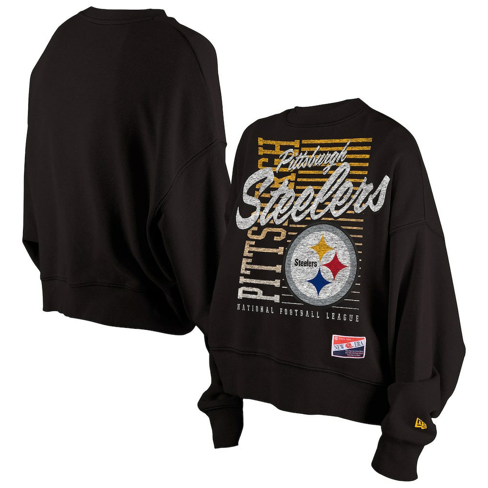 Pittsburgh Steelers New Era Women's Oversized Throwback Mineral Wash Crew Neck Sweatshirt Black