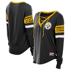 Pittsburgh Steelers New Era Women's Throwback Lace-Up Long-Sleeve T-Shirt Black
