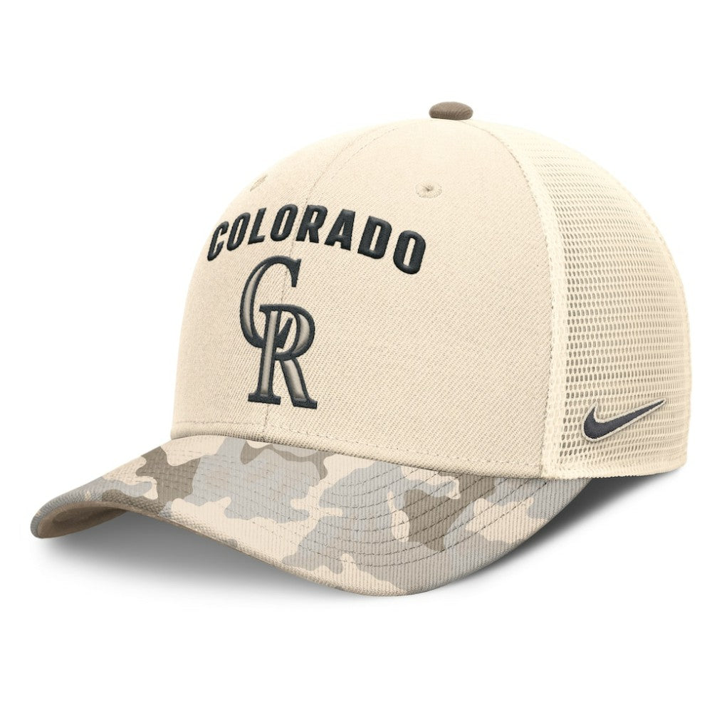 Colorado Rockies Nike Camo Natural Pack Rise Adjustable Trucker Hat - Natural - Nike Online