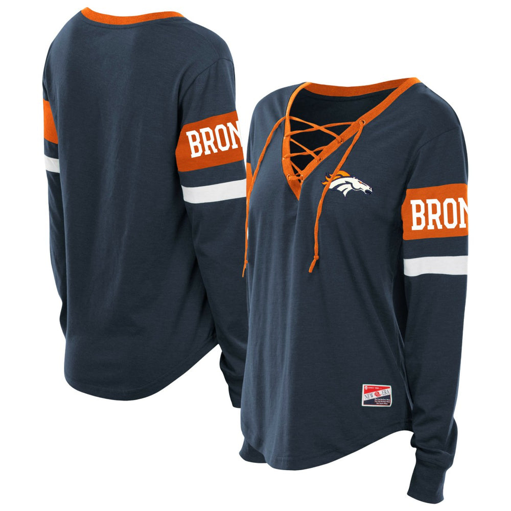 Denver Broncos New Era Women's Plus Size Throwback Lace-Up Long Sleeve T-Shirt Navy