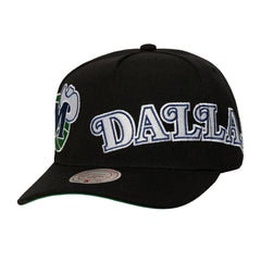 Dallas Mavericks Busted Logo Wordmark Wrap Around Pro Pinch Adjustable Hat for sale Black | Mitchell & Ness Lifestyle