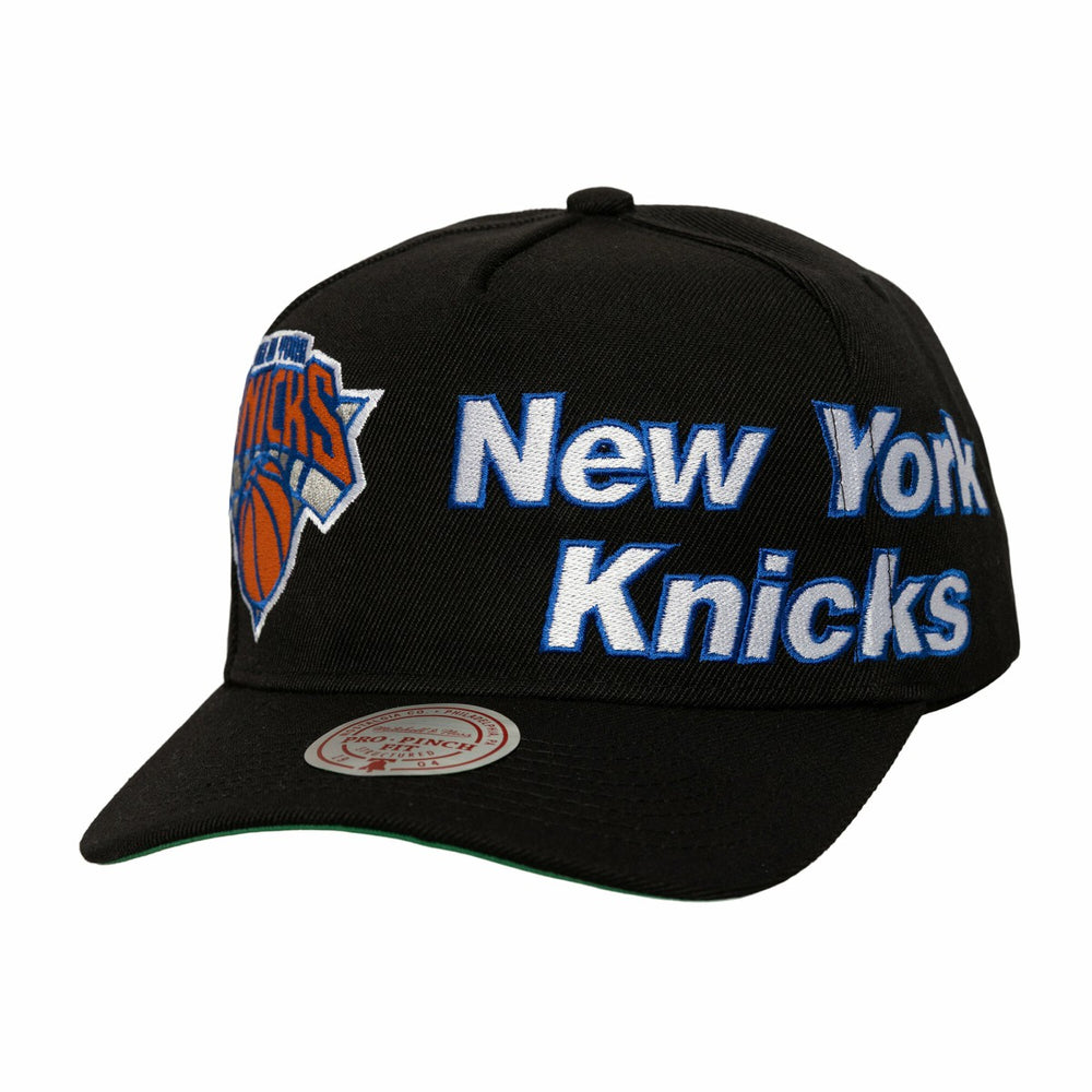 New York Knicks Busted Logo Wordmark Wrap-Around Pro Pinch Adjustable Hat Black | Mitchell & Ness discount