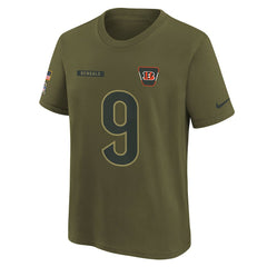 Nike Joe Burrow Cincinnati Bengals Youth 2025 Salute to Service Name & Number T-Shirt Olive