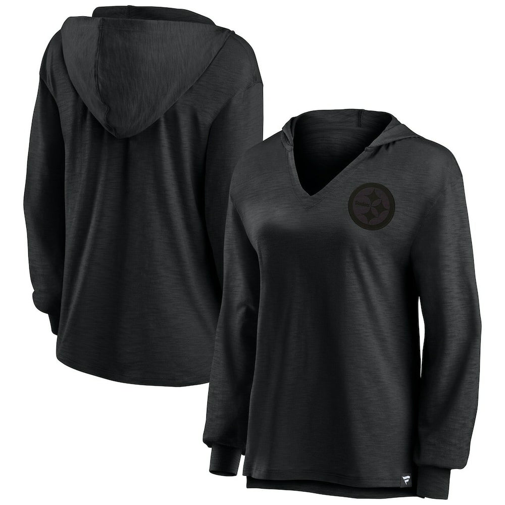 Fanatics Pittsburgh Steelers Women's Blackout Slub Hoodie V-Neck Long Sleeve T-Shirt