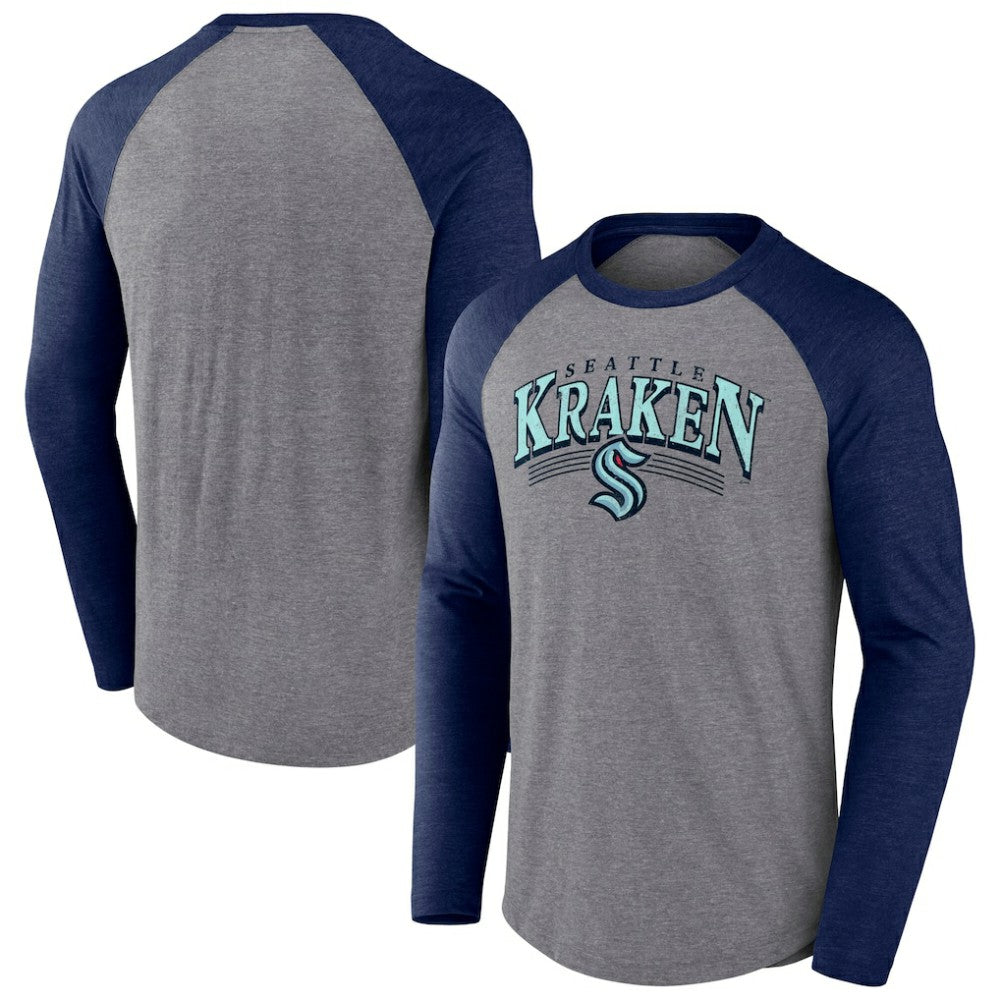 Seattle Kraken Fanatics Goal Crease Raglan Tri-Blend Long Sleeve T-Shirt - Heather Gray/Heather Deep Sea Blue - NHL 202688695