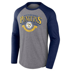 Pittsburgh Penguins Fanatics Goal Crease Raglan Tri-Blend Long Sleeve T-Shirt - Heather Gray/Heather Navy - NHL 202688696