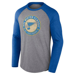 St. Louis Blues Fanatics 2022 NHL Winter Classic Vintage Distressed Raglan Tri-Blend Long Sleeve T-Shirt - Heather Gray/Heather Blue - NHL 202688701