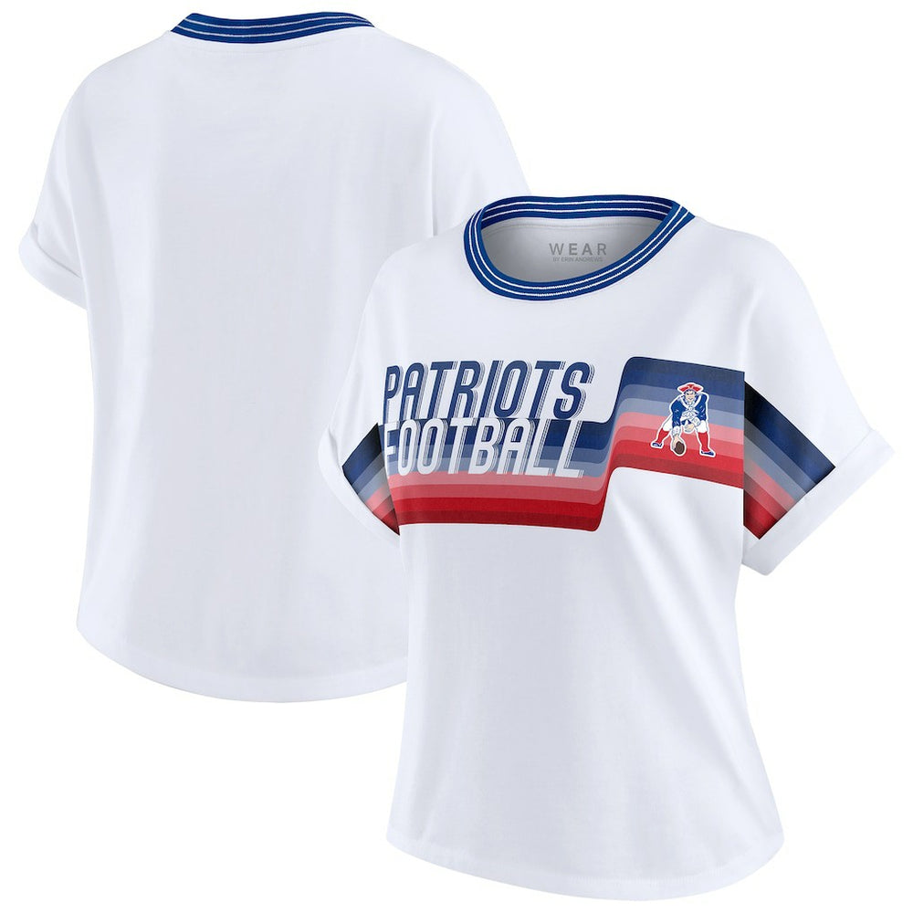 New England Patriots WEAR by Erin Andrews Women's Cropped Center Stripe Dolman T-Shirt White