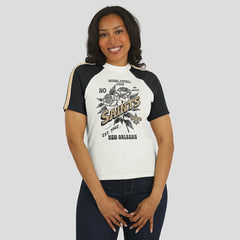 New Orleans Saints WEAR by Erin Andrews Women's Sleeve Stripe Distressed Raglan T-Shirt White