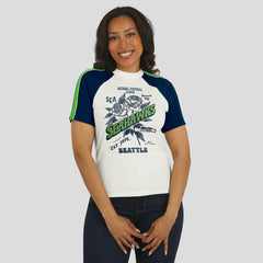 Seattle Seahawks WEAR by Erin Andrews Women's Sleeve Stripe Distressed Raglan T-Shirt White