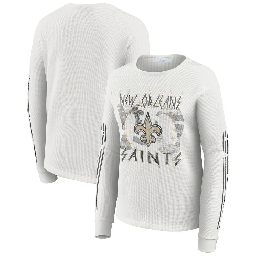 New Orleans Saints WEAR by Erin Andrews Women's Graphic Waffle Long-Sleeve T-Shirt White