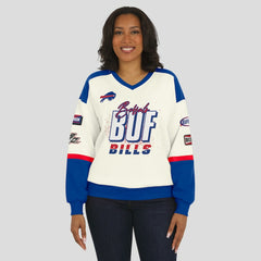 Buffalo Bills WEAR by Erin Andrews Women's Racing Crew V-Neck Sweatshirt Cream