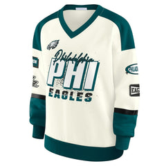 Philadelphia Eagles WEAR by Erin Andrews Women's Racing Crew V-Neck Sweatshirt Cream