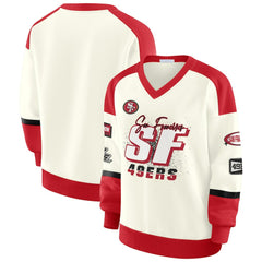 San Francisco 49ers WEAR by Erin Andrews Women's Racing Crew V-Neck Sweatshirt Cream