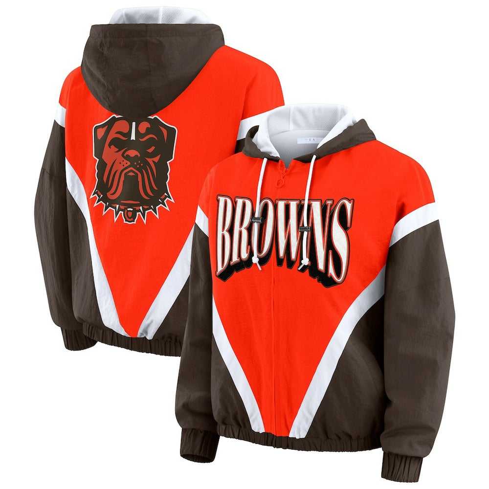 Cleveland Browns WEAR by Erin Andrews Women's Plus Size Retro Crinkle Full-Zip Hoodie Windbreaker Jacket Orange/Brown