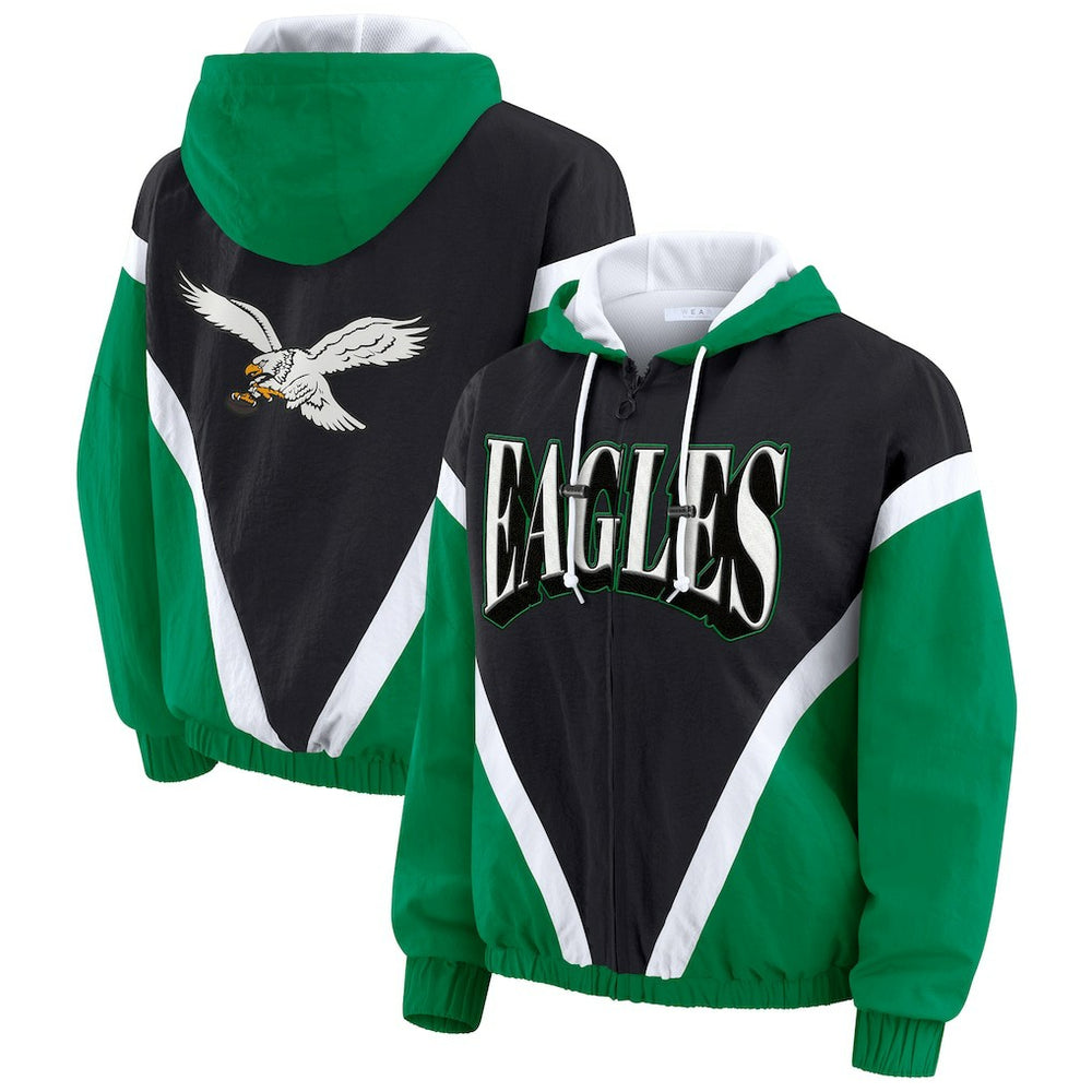 Philadelphia Eagles WEAR by Erin Andrews Women's Plus Size Retro Crinkle Full-Zip Hoodie Windbreaker Jacket Kelly Green/Black