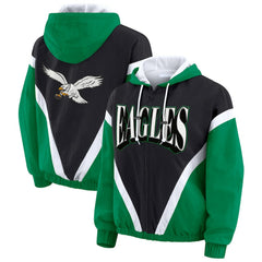 Philadelphia Eagles WEAR by Erin Andrews Women's Plus Size Retro Crinkle Full-Zip Hoodie Windbreaker Jacket Kelly Green/Black