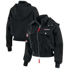 Kansas City Chiefs WEAR by Erin Andrews Women's Tri-Blend Patch Pocket Cropped Full-Zip Bomber Hoodie Jacket Black