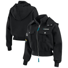 Jacksonville Jaguars WEAR by Erin Andrews Women's Tri-Blend Patch Pocket Cropped Full-Zip Bomber Hoodie Jacket Black