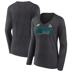 Fanatics Philadelphia Eagles Women's Super Bowl LIX Quick Pass Long Sleeve V-Neck T-Shirt Heather Charcoal