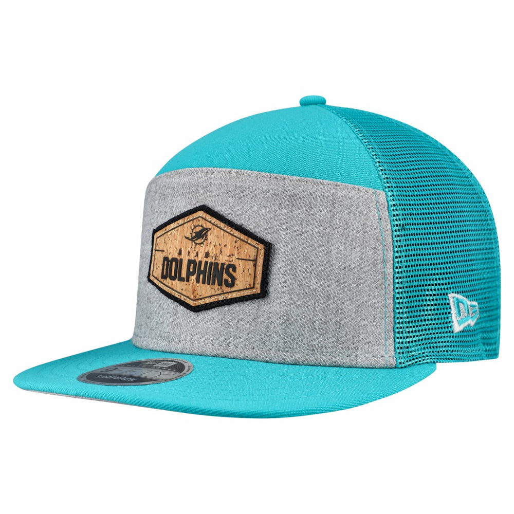 Miami Dolphins New Era Cork Split Panel 9FIFTY Trucker Snapback Hat Gray/Aqua