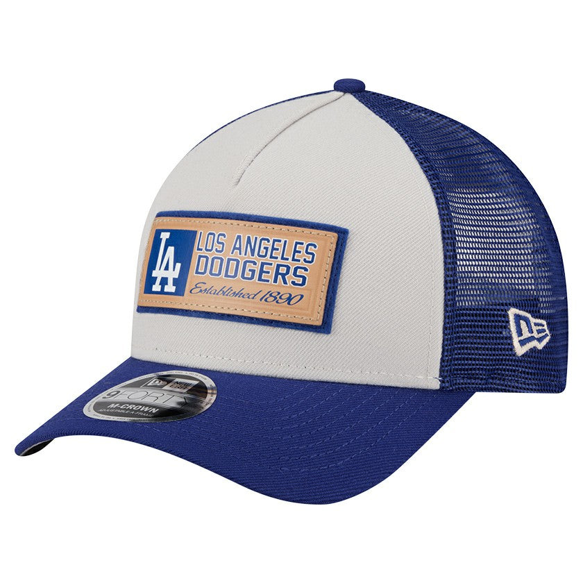 Los Angeles Dodgers New Era Text A-Frame Trucker 9FORTY Hat - Stone/Royal - New Era Sale