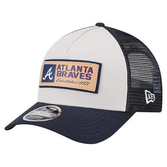 Atlanta Braves New Era Text A-Frame Trucker 9FORTY Hat - Stone/Navy - New Era Discount