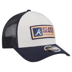Atlanta Braves New Era Text A-Frame Trucker 9FORTY Hat - Stone/Navy - New Era Discount