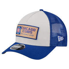 Chicago Cubs New Era Text A-Frame Trucker 9FORTY Hat - Stone/Royal - New Era Discount