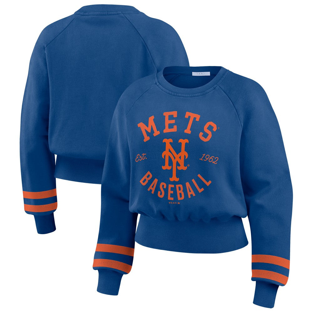 New York Mets WEAR by Erin Andrews Women's Vintage Washed Cropped Pullover Sweatshirt - Royal - MLB Lifestyle