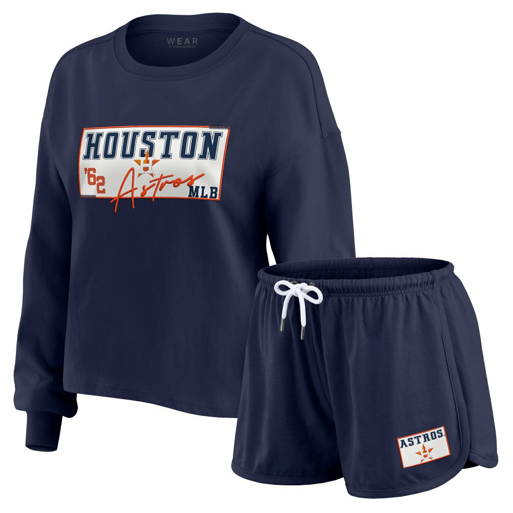 Houston Astros WEAR by Erin Andrews Women's Heavy Rugby Jersey Cropped Long Sleeve T-Shirt & Shorts Lounge Set - Navy - MLB on Sale