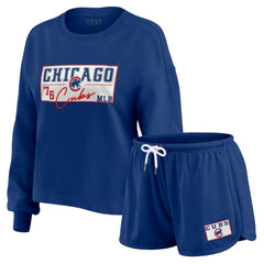 Chicago Cubs WEAR by Erin Andrews Women's Heavy Rugby Jersey Cropped Long Sleeve T-Shirt & Shorts Lounge Set - Royal - MLB Lifestyle