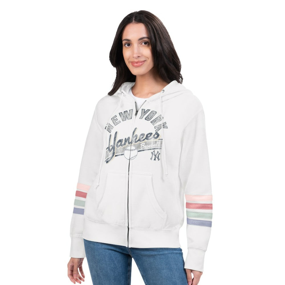 New York Yankees G-III 4Her by Carl Banks Women's Naamah Sleeve Stripe Fleece Full-Zip Hoodie - White - MLB on Sale