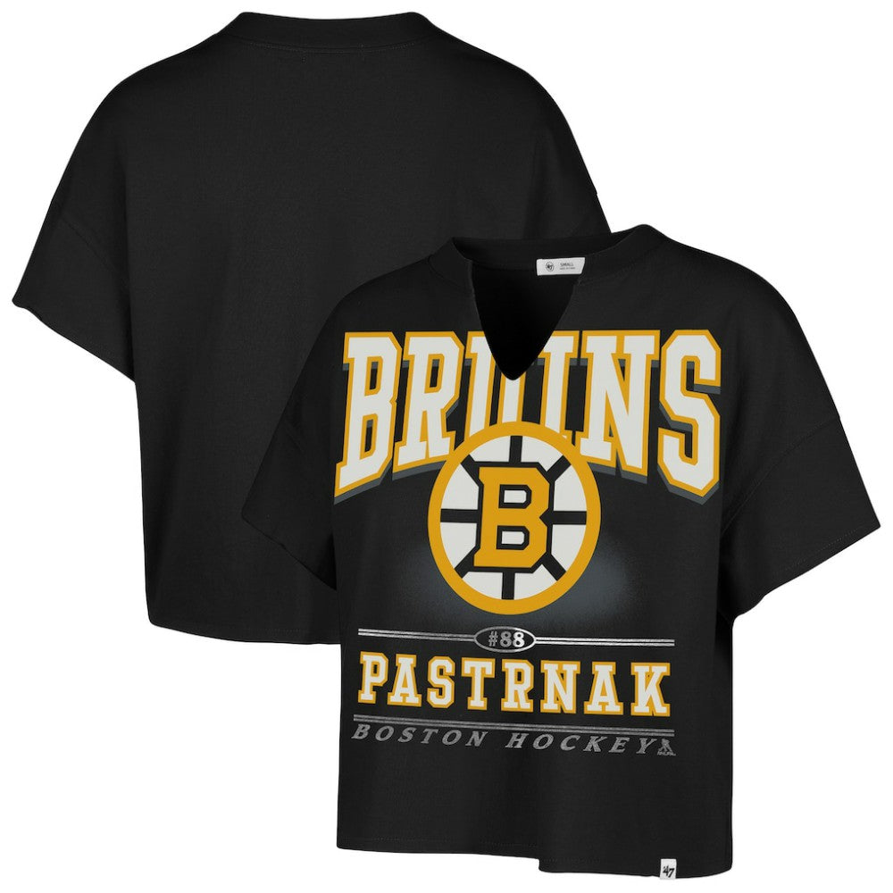 David Pastrnak Boston Bruins '47 Women's Elation Name & Number Oversized Notch Neck T-Shirt - Black - NHL 202784302