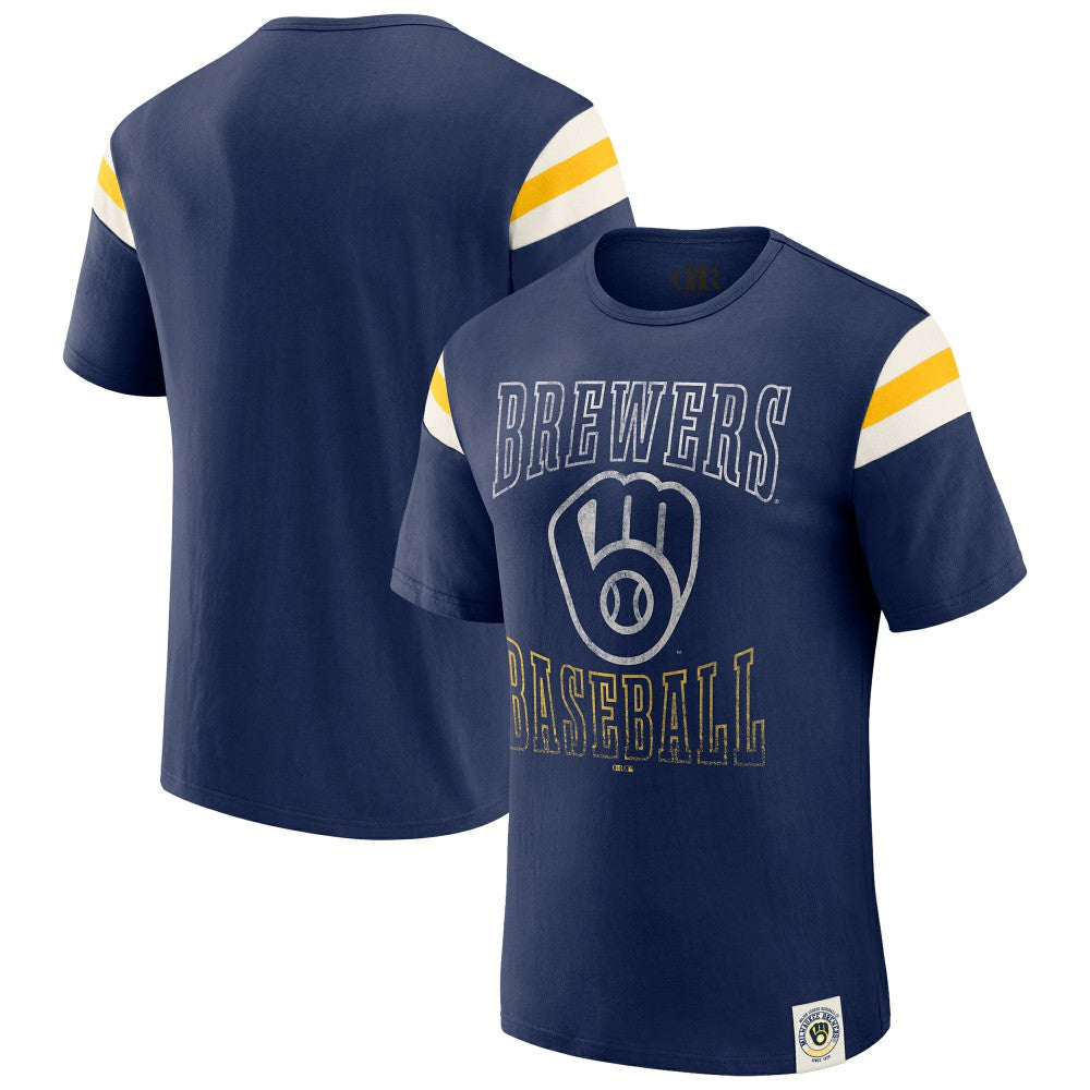 Milwaukee Brewers Darius Rucker Collection by Fanatics Distressed Sleeve Stripe T-Shirt - Navy - Fanatics Online