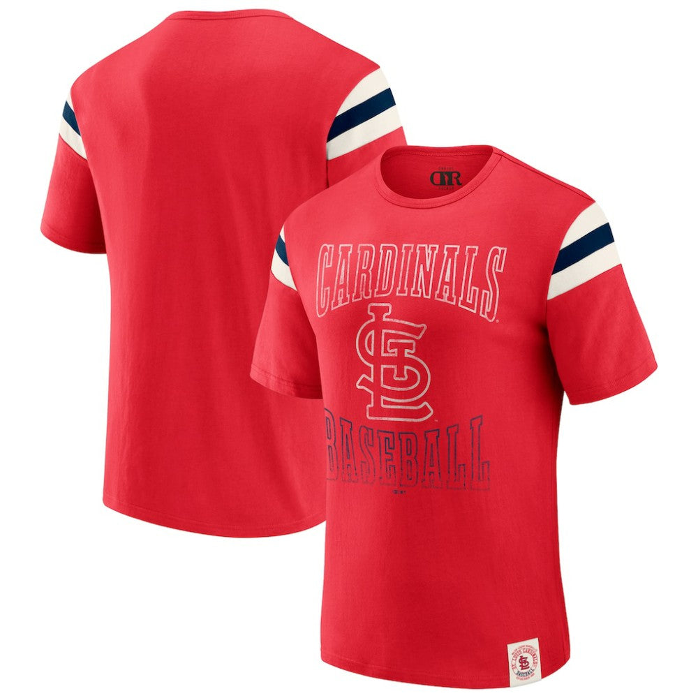St. Louis Cardinals Darius Rucker Collection by Fanatics Distressed Sleeve Stripe T-Shirt - Red - Fanatics Sale