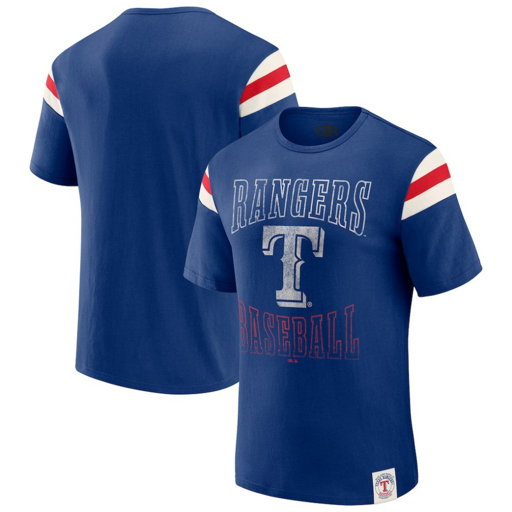 Texas Rangers Darius Rucker Collection by Fanatics Distressed Sleeve Stripe T-Shirt - Royal - Fanatics Discount