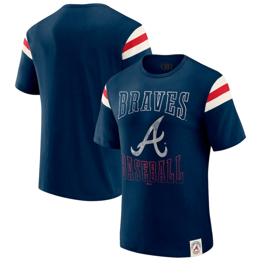Atlanta Braves Darius Rucker Collection by Fanatics Distressed Sleeve Stripe T-Shirt - Navy - Fanatics Discount