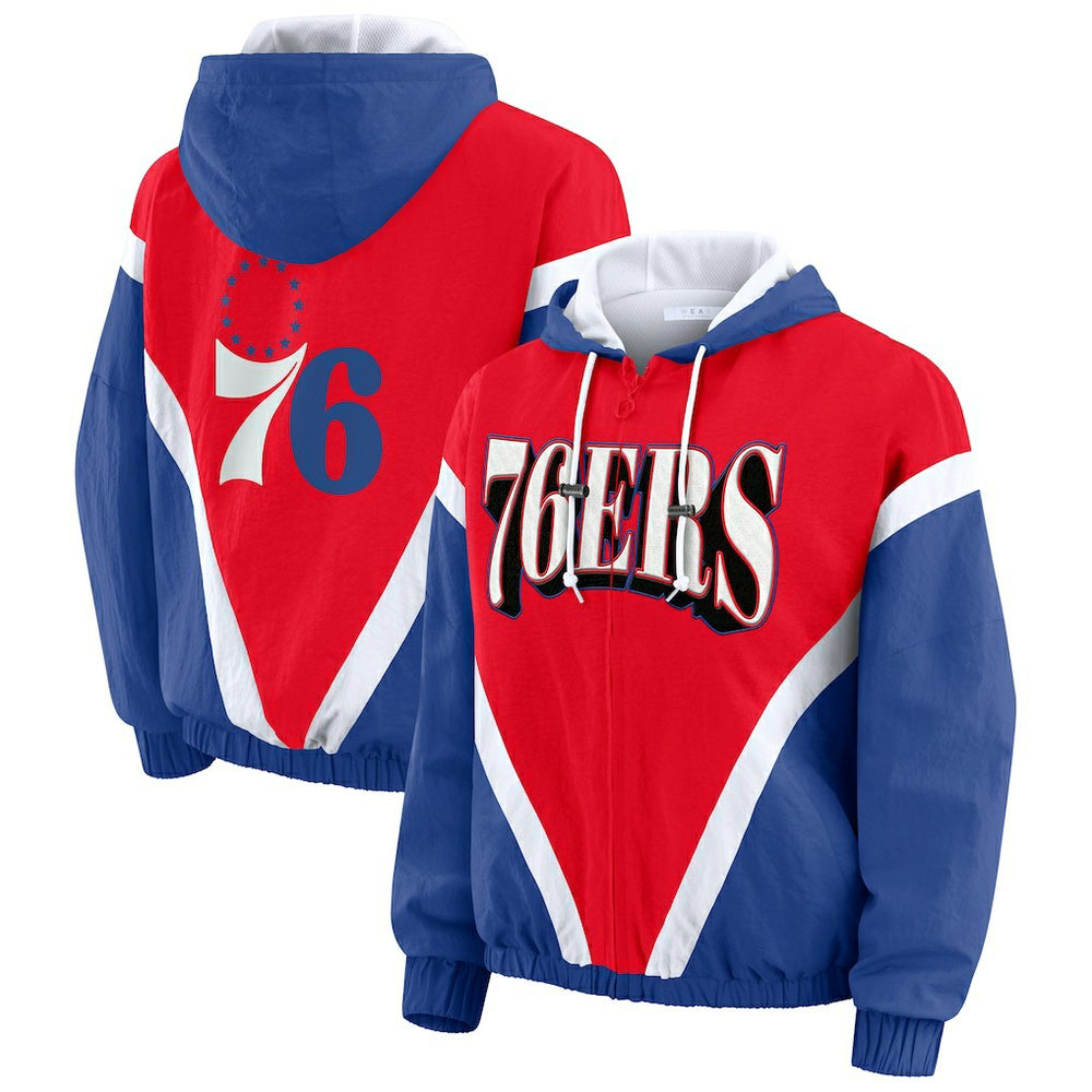 Philadelphia 76ers WEAR by Erin Andrews Women's Colorblock Full-Zip Hoodie Windbreaker Jacket Red/Royal