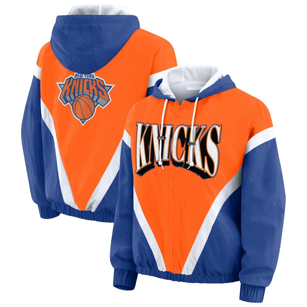 New York Knicks WEAR by Erin Andrews Women's Colorblock Full-Zip Hoodie Windbreaker Jacket Orange/Royal