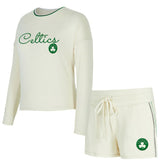 Boston Celtics Concepts Sport Women's Kaki Hacci Knit Long Sleeve Top & Shorts Set Cream