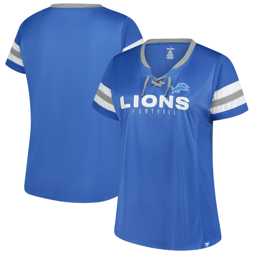 Fanatics Detroit Lions Women's Plus Size Rhinestone Redzone Athena Lace-Up Notch Neck T-Shirt Blue
