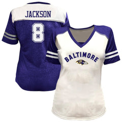 Fanatics Lamar Jackson Baltimore Ravens Women's Plus Size Bling V-Neck T-Shirt White